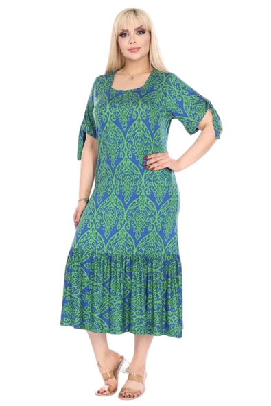 Melsay Butik Yeşil Dantel Desen Kolları Bağlamalı Kısa Kollu Kadın Midi Elbise - 2