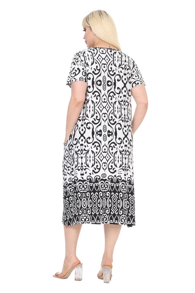 Melsay Butik Beyaz Siyah Kilim Desen Kuplu Cepli Kısa Kol Kadın Midi Elbise - Resim 5