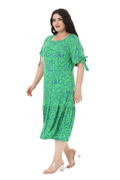 Melsay Butik Yeşil Çiçek Desen Kolları Bağlamalı Kısa Kollu Kadın Midi Elbise - 3
