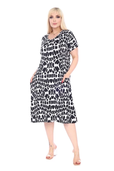 Melsay Butik Beyaz Taş Desen Kuplu Cepli Kısa Kol Kadın Midi Elbise - Resim 3