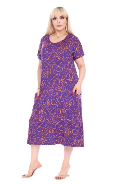 Melsay Butik Mor Çiçek Desen Kuplu Cepli Kısa Kol Kadın Midi Elbise - 3