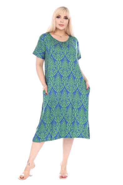 Melsay Butik Yeşil Dantel Desen  Kuplu Cepli Kısa Kol Kadın Midi Elbise - Resim 3