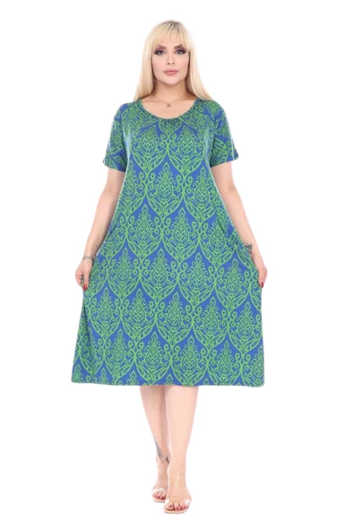 Melsay Butik Yeşil Dantel Desen  Kuplu Cepli Kısa Kol Kadın Midi Elbise - Resim 2