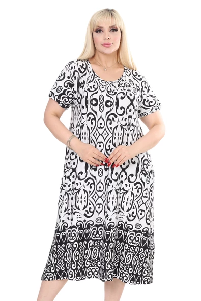 Melsay Butik Beyaz Siyah Kilim Desen Kuplu Cepli Kısa Kol Kadın Midi Elbise - Resim 2