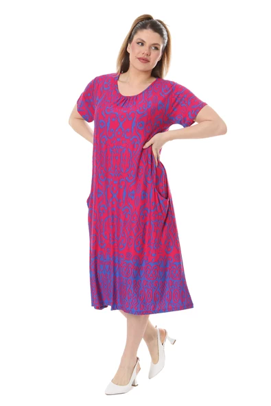 Melsay Butik Pembe Mavi Kilim Desen Kuplu Cepli Kısa Kol Kadın Midi Elbise - 2