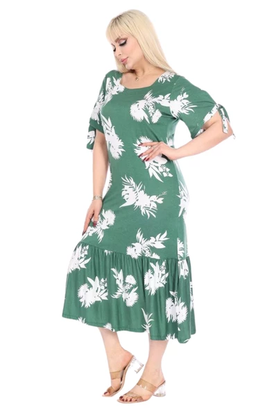 Melsay Butik Yeşil Beyaz Yaprak Desen Kolları Bağlamalı Kısa Kollu Elbise - 2