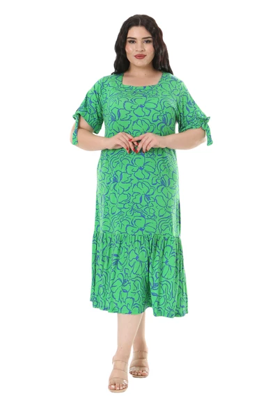 Melsay Butik Yeşil Çiçek Desen Kolları Bağlamalı Kısa Kollu Kadın Midi Elbise - 2