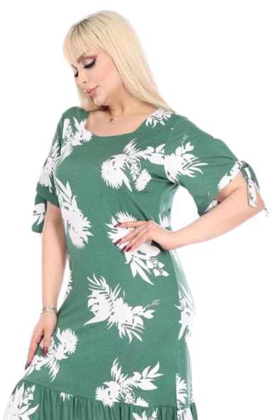 Melsay Butik Yeşil Beyaz Yaprak Desen Kolları Bağlamalı Kısa Kollu Elbise - 4
