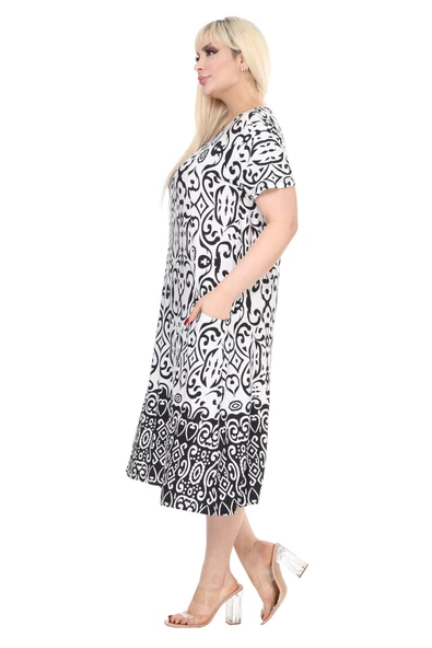 Melsay Butik Beyaz Siyah Kilim Desen Kuplu Cepli Kısa Kol Kadın Midi Elbise - Resim 3