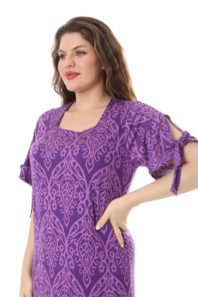 Melsay Butik Mor Dantel Desen Kolları Bağlamalı Kısa Kollu Kadın Midi Elbise - 4