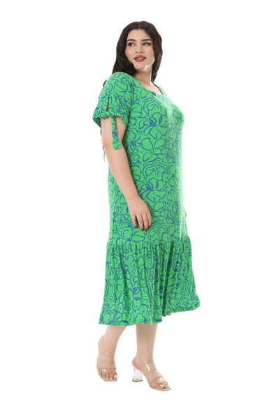 Melsay Butik Yeşil Çiçek Desen Kolları Bağlamalı Kısa Kollu Kadın Midi Elbise - 4