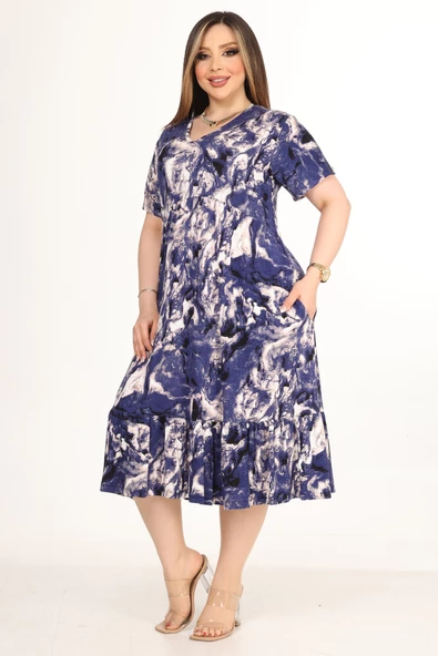 Melsay Butik Göğüsten Robalı V Yaka Kısa Kollu Mavi Batik Desenli Cepli Elbise