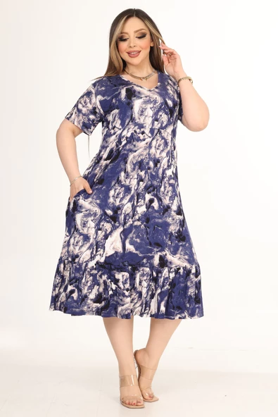 Melsay Butik Göğüsten Robalı V Yaka Kısa Kollu Mavi Batik Desenli Cepli Elbise - 4