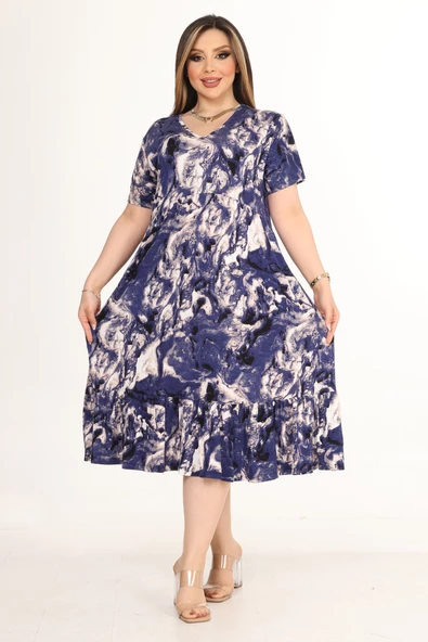 Melsay Butik Göğüsten Robalı V Yaka Kısa Kollu Mavi Batik Desenli Cepli Elbise - 5
