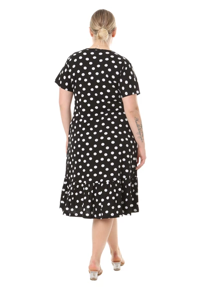 Melsay Butik Göğüsten Robalı V Yaka Kısa Kollu Siyah Puantiye Desenli Cepli Elbise - Resim 6