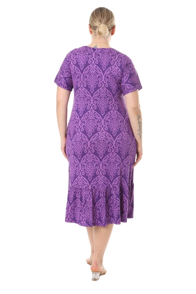 Melsay Butik Göğüsten Robalı V Yaka Kısa Kollu Mor Dantel Desenli Cepli Elbise - 6