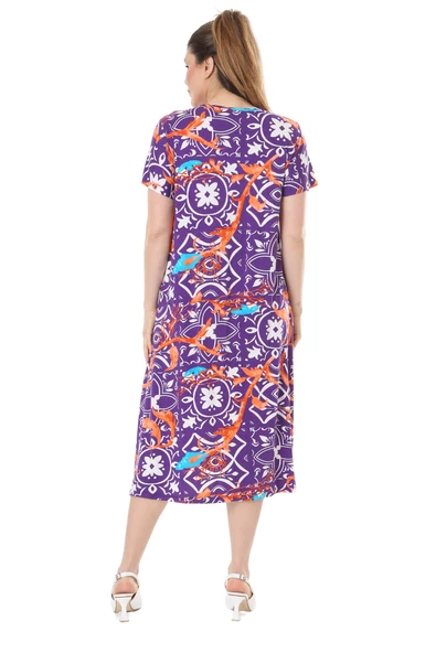 Melsay Butik Mor Retro Desen Kuplu Cepli Kısa Kol Kadın Midi Elbise - 5