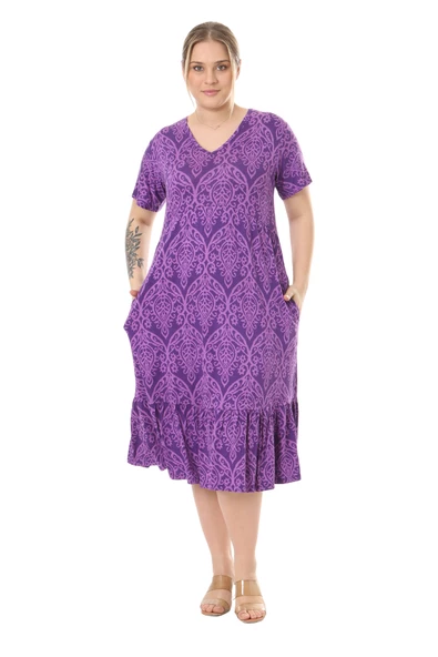 Melsay Butik Göğüsten Robalı V Yaka Kısa Kollu Mor Dantel Desenli Cepli Elbise - 4
