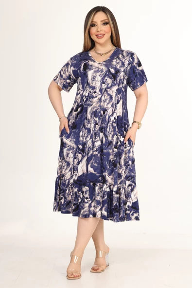 Melsay Butik Göğüsten Robalı V Yaka Kısa Kollu Mavi Batik Desenli Cepli Elbise - 2
