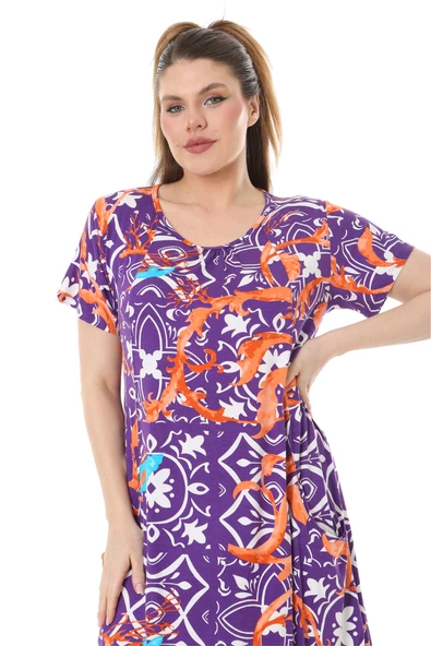Melsay Butik Mor Retro Desen Kuplu Cepli Kısa Kol Kadın Midi Elbise - 4