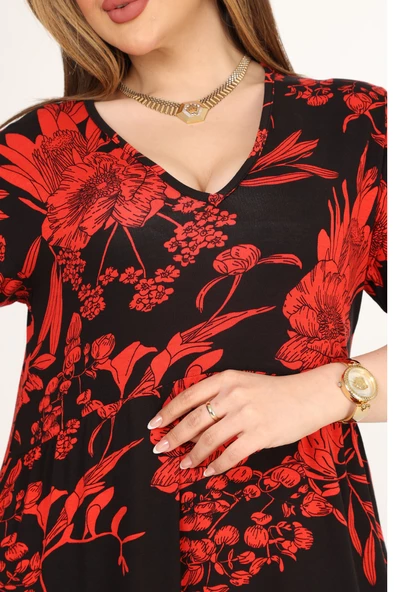 Melsay Butik Göğüsten Robalı V Yaka Kısa Kollu Kırmızı Palmiye Desenli Cepli Elbise - 5