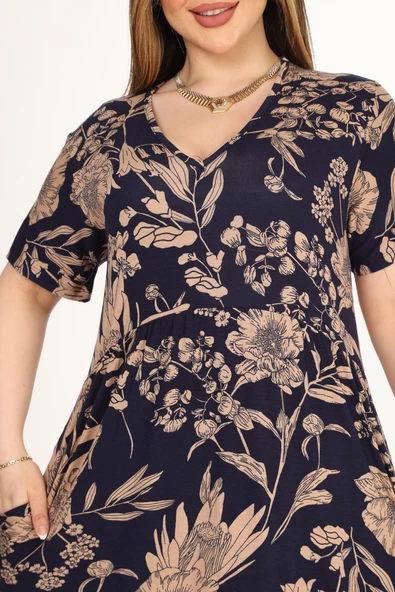 Melsay Butik Göğüsten Robalı V Yaka Kısa Kollu Lacivert Palmiye Desenli Cepli Elbise - 5