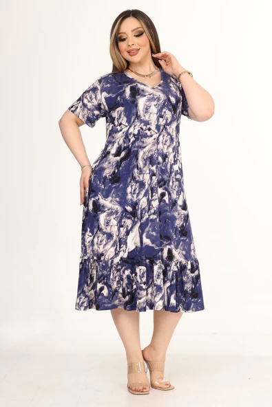 Melsay Butik Göğüsten Robalı V Yaka Kısa Kollu Mavi Batik Desenli Cepli Elbise - 3