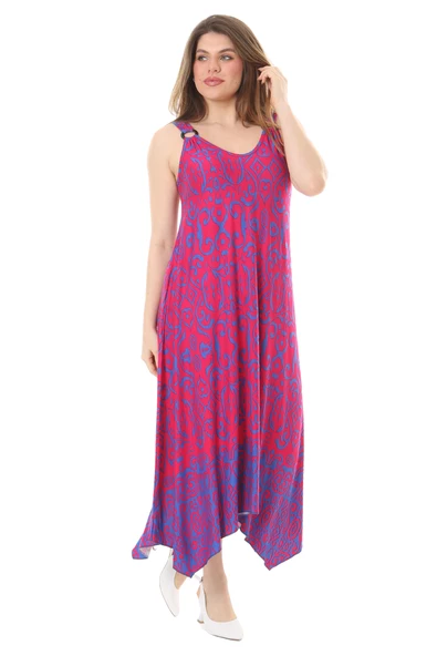 Melsay Butik Pembe Mavi Kilim Desen Askılı V Yaka Elbise - Resim 4