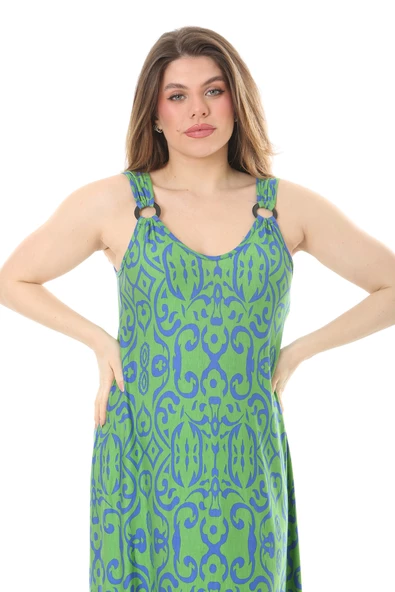 Melsay Butik Yeşil Mavi Kilim Desen Askılı V Yaka Elbise - Resim 5
