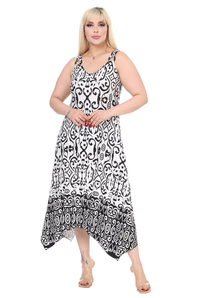 Melsay Butik Beyaz Siyah Kilim Desen Askılı V Yaka Elbise - Resim 2