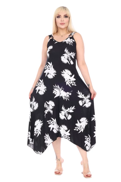 Melsay Butik Siyah Beyaz Yaprak Desen Askılı V Yaka Elbise - 2