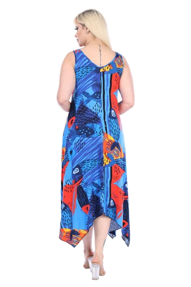 Melsay Butik Sax Balık Desen Askılı V Yaka Elbise - 6
