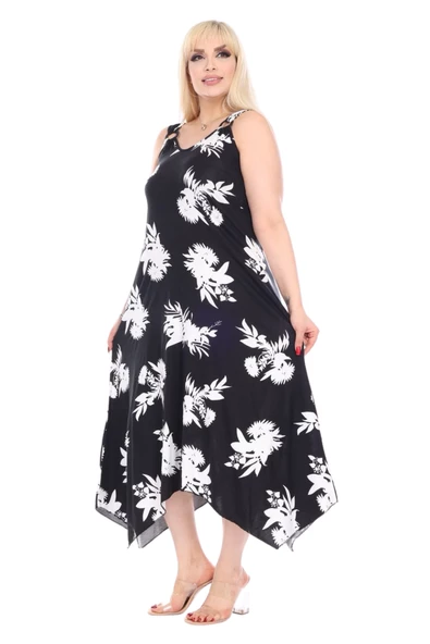 Melsay Butik Siyah Beyaz Yaprak Desen Askılı V Yaka Elbise - 4