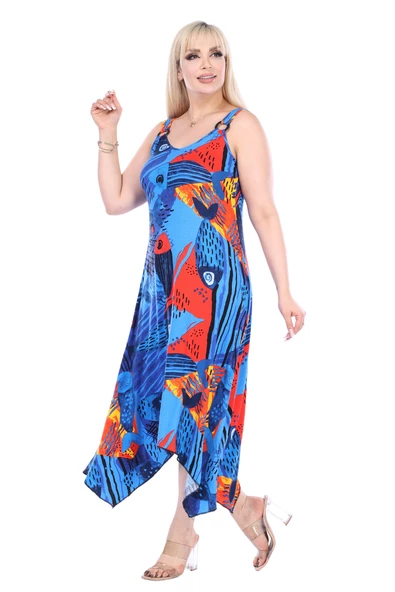 Melsay Butik Sax Balık Desen Askılı V Yaka Elbise - 2