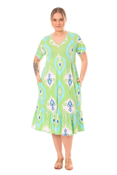 Melsay Butik Göğüsten Robalı V Yaka Kısa Kollu Yeşil Motif Desenli Cepli Elbise - 4