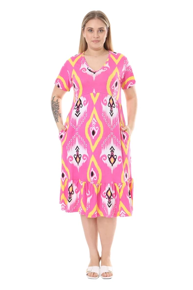 Melsay Butik Göğüsten Robalı V Yaka Kısa Kollu Pembe Motif Desenli Cepli Elbise - Resim 3