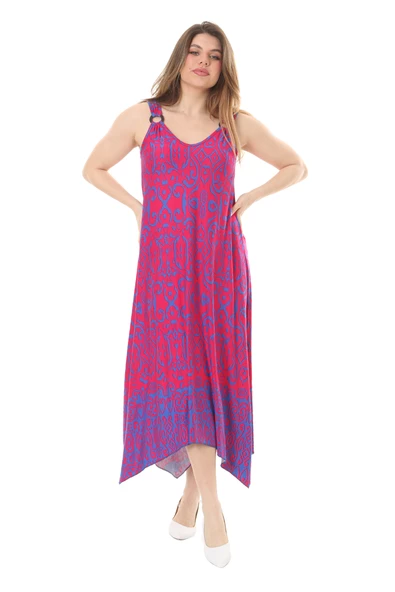 Melsay Butik Pembe Mavi Kilim Desen Askılı V Yaka Elbise - Resim 3