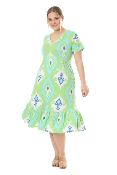 Melsay Butik Göğüsten Robalı V Yaka Kısa Kollu Yeşil Motif Desenli Cepli Elbise - 3