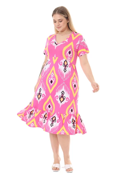 Melsay Butik Göğüsten Robalı V Yaka Kısa Kollu Pembe Motif Desenli Cepli Elbise - Resim 4