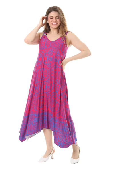 Melsay Butik Pembe Mavi Kilim Desen Askılı V Yaka Elbise - Resim 2