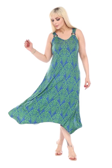 Melsay Butik Yeşil Dantel Desen Askılı V Yaka Elbise - 4