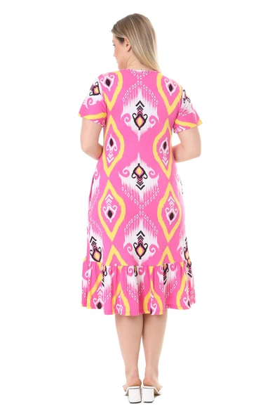 Melsay Butik Göğüsten Robalı V Yaka Kısa Kollu Pembe Motif Desenli Cepli Elbise - Resim 6