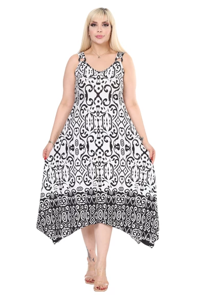 Melsay Butik Beyaz Siyah Kilim Desen Askılı V Yaka Elbise - Resim 3