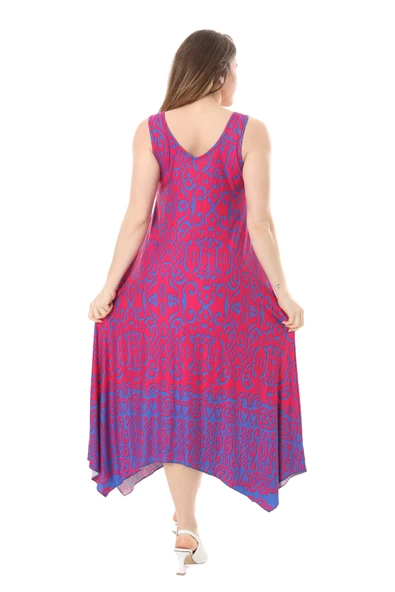 Melsay Butik Pembe Mavi Kilim Desen Askılı V Yaka Elbise - Resim 6