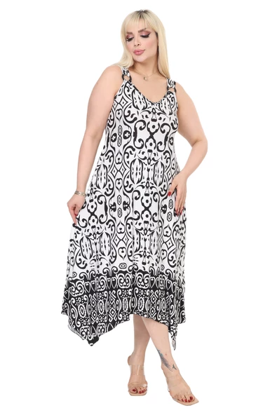 Melsay Butik Beyaz Siyah Kilim Desen Askılı V Yaka Elbise - Resim 4