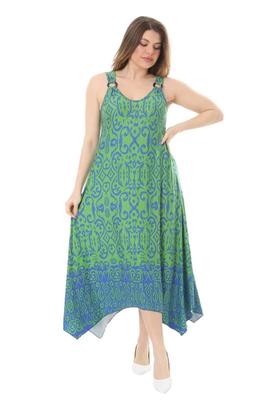 Melsay Butik Yeşil Mavi Kilim Desen Askılı V Yaka Elbise - Resim 4