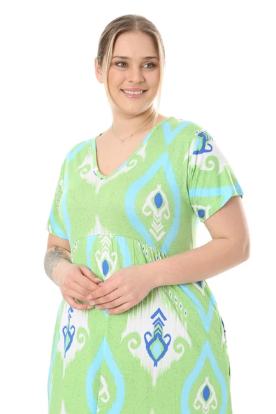 Melsay Butik Göğüsten Robalı V Yaka Kısa Kollu Yeşil Motif Desenli Cepli Elbise - 5
