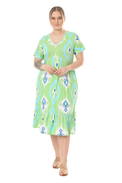 Melsay Butik Göğüsten Robalı V Yaka Kısa Kollu Yeşil Motif Desenli Cepli Elbise - 2