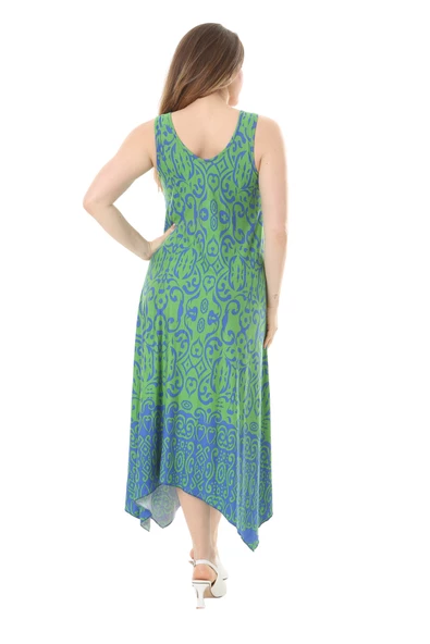 Melsay Butik Yeşil Mavi Kilim Desen Askılı V Yaka Elbise - Resim 6