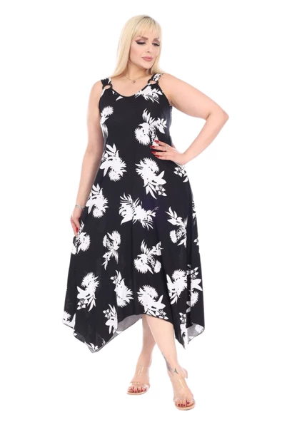 Melsay Butik Siyah Beyaz Yaprak Desen Askılı V Yaka Elbise - 3